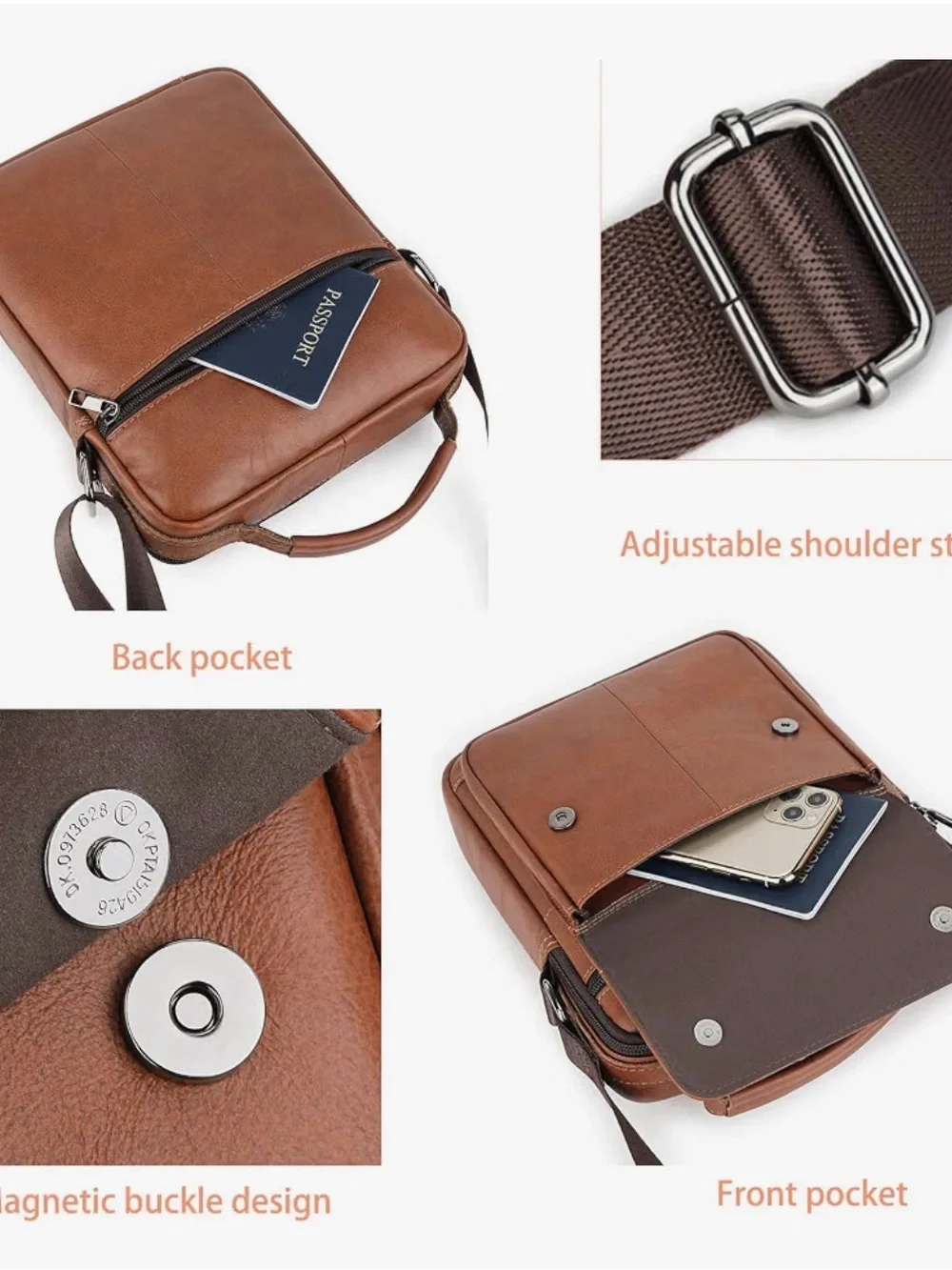 Mens Crossbody Bag, Genuine Leather Messenger Shoulder Bag